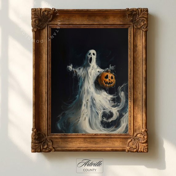 Miluva Spooky ghost with pumpkin print – Vintage halloween wall art ...