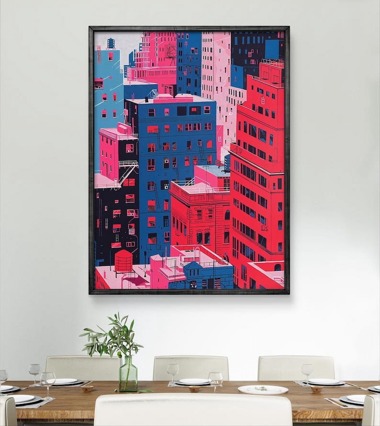 Image showcasing Miluva Vibrant Cityscape Art Print, Modern Urban Wall Decor, Neon City ...