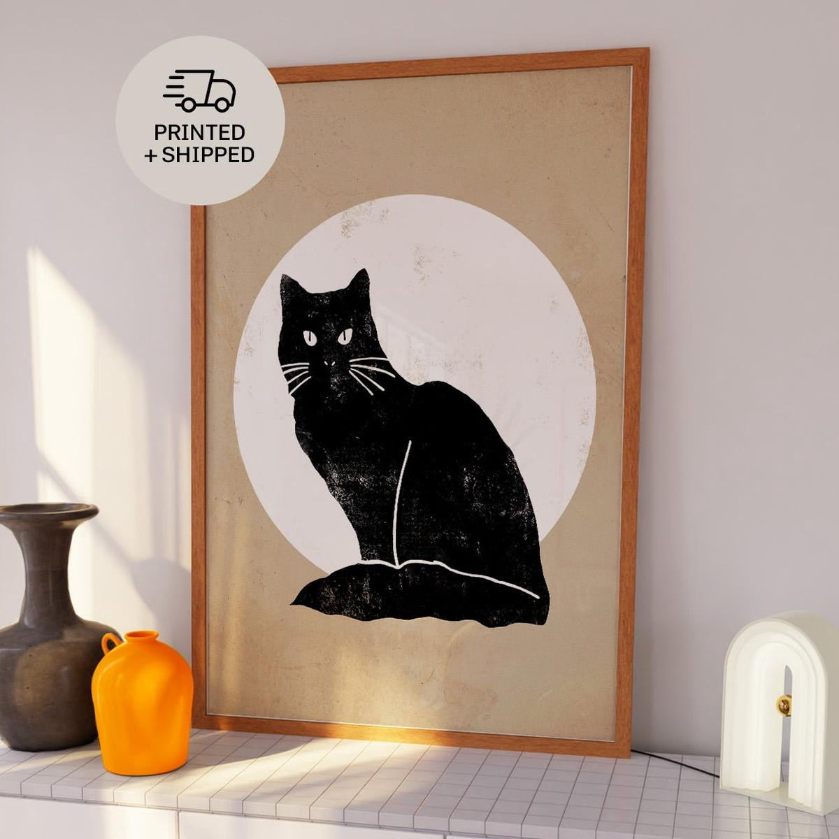 Miluva Vintage black cat art print – Spooky full moon poster ...