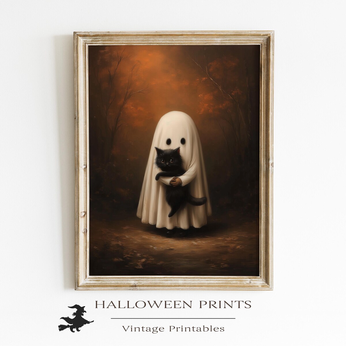 Miluva Vintage halloween ghost with cat – Gloomy autumn wall art ...