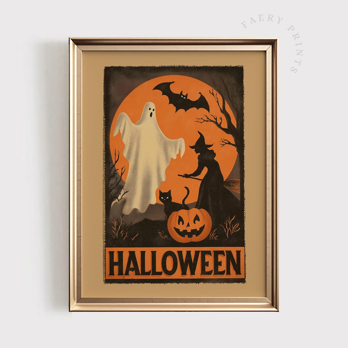 Miluva Vintage halloween poster print ghost witch pumpkin black cat art ...