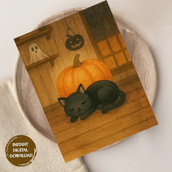 Miluva Vintage halloween print: black cat – Pumpkin & ghost ( – Poster ...