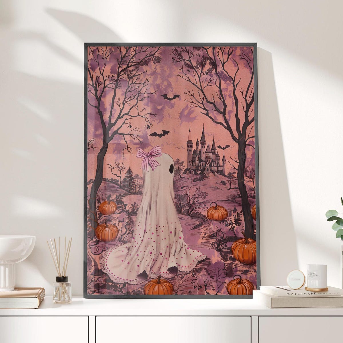 Miluva Vintage sheet ghost with preppy pink bow on her head poster or ...