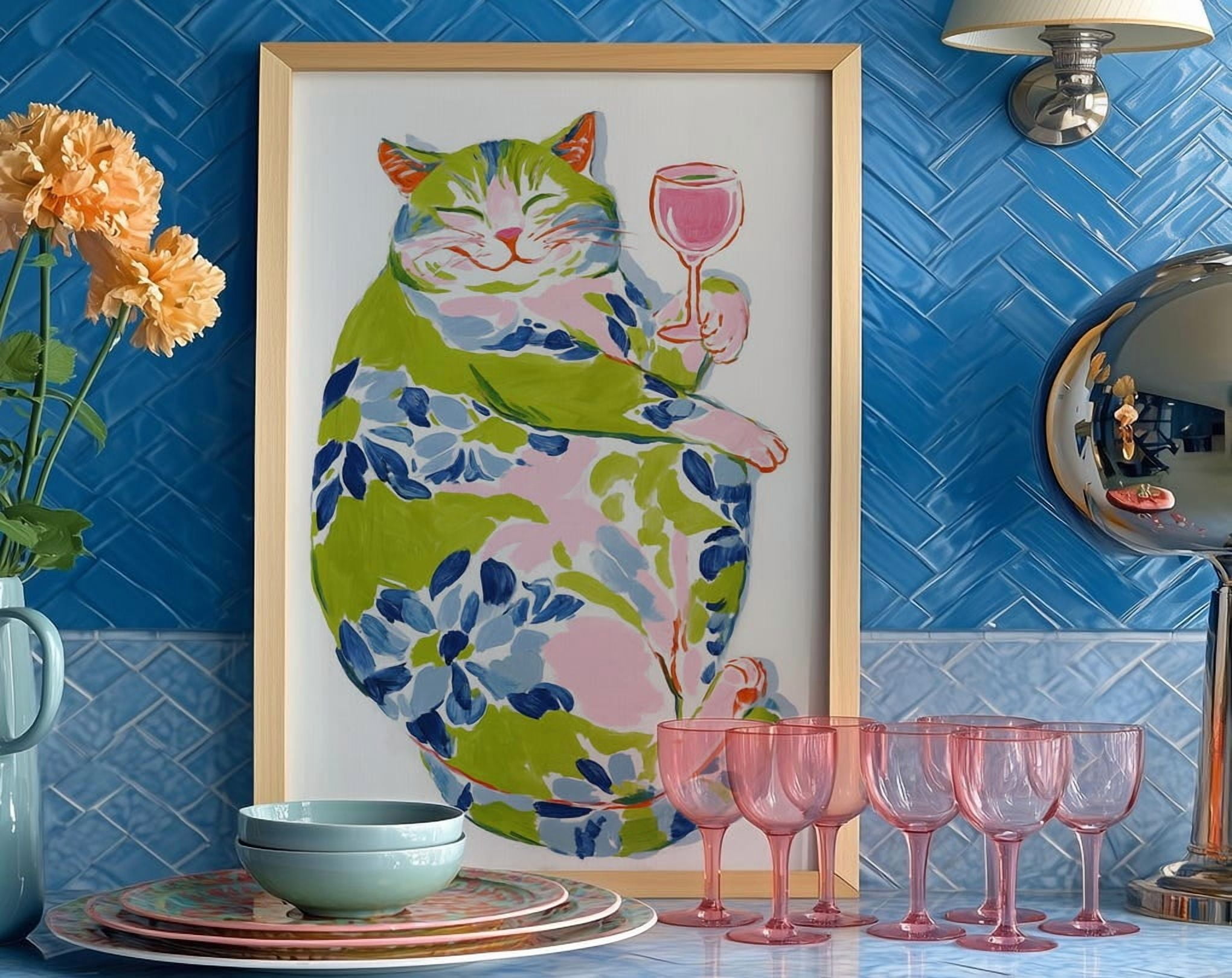 Miluva Wall Art Colorful Cat Wine Print, Whimsical Floral Feline Poster ...