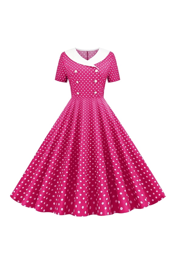 1950s Dresses for Women Vintage Rockabilly Retro Short Sleeve Midi Dress Cocktail Party Evening Prom Gown Hot Pink L(L)