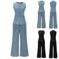 thumbnail image 1 of Miluxas 2 Piece Classic Denim Vest Sets for Women, Sleeveless Slim Fit Button Down Tops Outfits with Flared Pants Blue XL(XL), 1 of 6