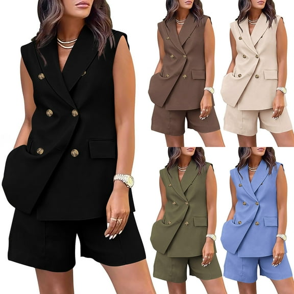 Miluxas 2 Piece Outfits for Women Summer Sleeveless Button Down Business Casual Vest Shorts Sets Work Clothes Light Blue 10(XL)