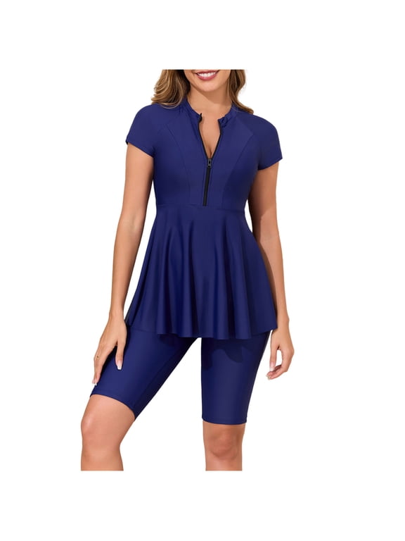 2 Piece Set Front Zip Surf Swimsuit for Women Long Sleeve Swimdress with Capri Leggins Blue
