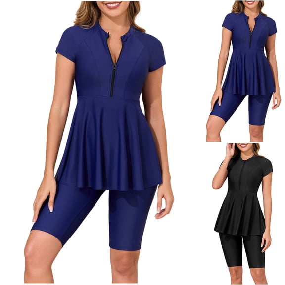 Miluxas 2 Piece Set Front Zip Surf Swimsuit for Women Long Sleeve Swimdress with Capri Leggins Blue