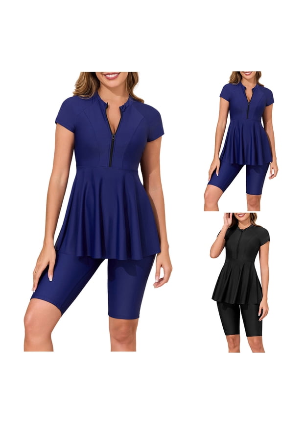 2 Piece Set Front Zip Surf Swimsuit for Women Long Sleeve Swimdress with Capri Leggins Blue