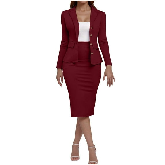 Miluxas 2 Piece Suit Skirt Set for Women Women's Business formal Collarless Blazer and Pencil Skirts Wine 4(S)