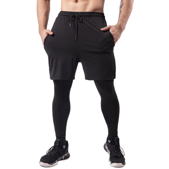 Miluxas 2 in 1 Running Pants Men Compression Athletic Comfy Pants Tights Quick Dry Gym Workout Legging Shorts with Zipper Pockets Black