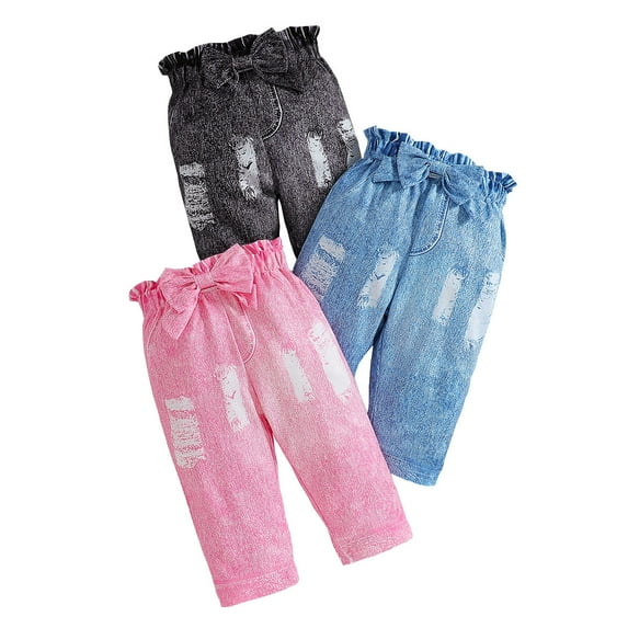 Miluxas 3PC Toddler Girls Bow Jeans Little Kids Elastic Waistband Cotton Denim Pants for Summer