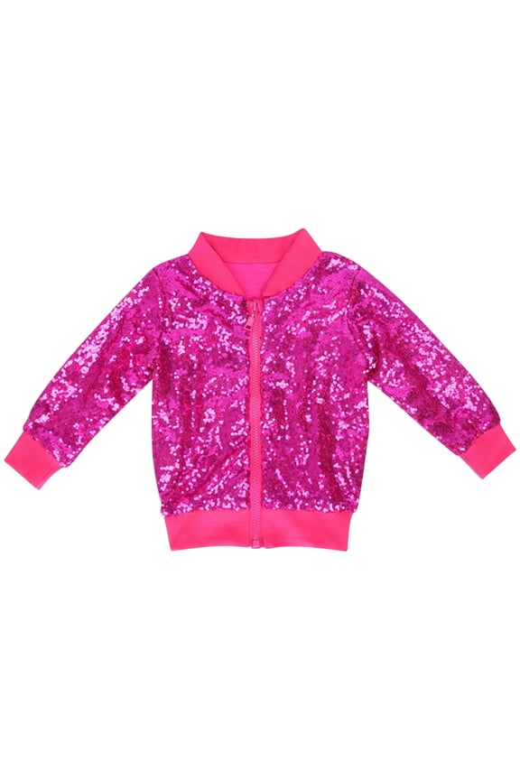 Girls Sequin Jacket Glitter Long Sleeves Zipper Gradient Bomber Coat with Ribbed Cuffs