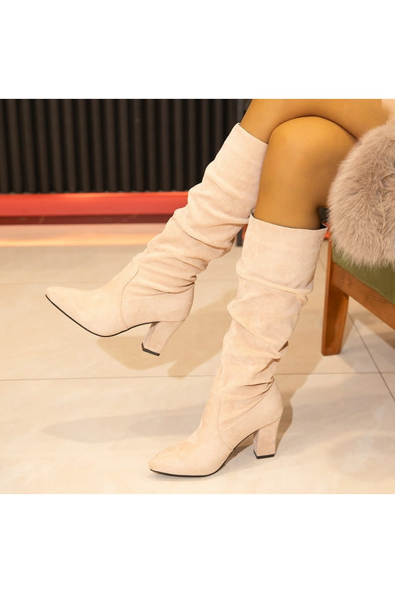 Knee High Boots for Women Block Heel Faux Suede Slouchy Boots Elegant and Comfortable Tall Boots with Round Toe