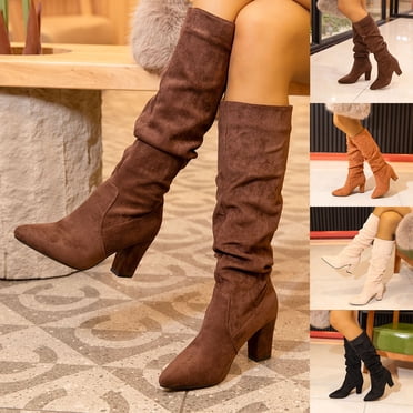 High Riding Patelal BURUDANI Women's Suede Knee High Boots Pointed Toe Comfortable Chunky ...