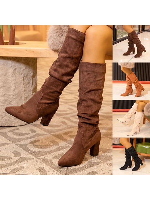 Knee High Boots for Women Block Heel Faux Suede Slouchy Boots Elegant and Comfortable Tall Boots with Round Toe