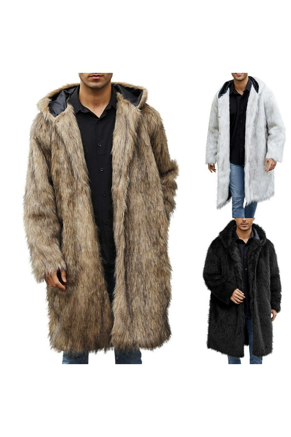 Men's Faux Fur Coat Open Front Thicken Warm Winter Overcoat Luxury Fluffy Soft Lapel Long Jackets Parka Outwear