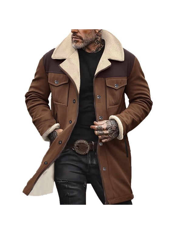 Men's Trench Coat – Suede Leather Shearling Faux Lined Long Jacket, Winter Casual Jacket
