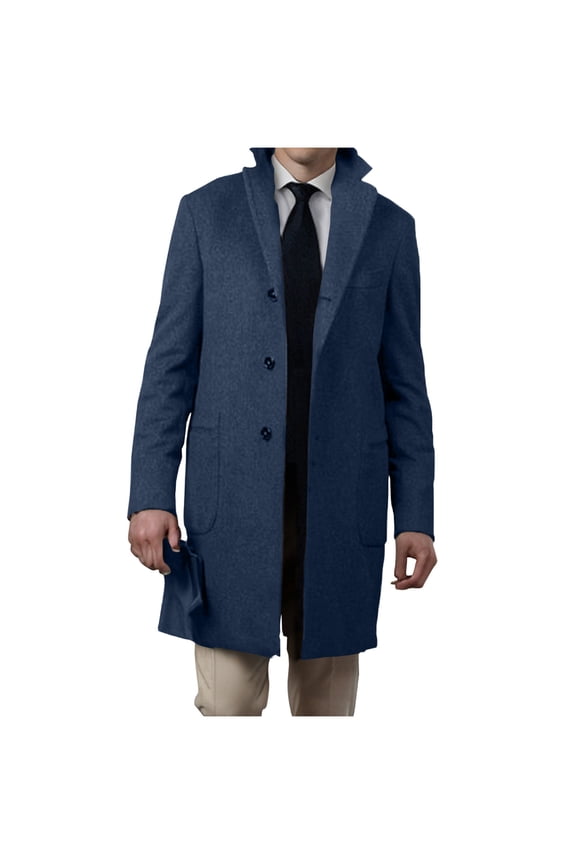 Mens Wool Blend Trench Coat Single Breasted Notch Lapel Walker Mid-Length Classic Pea Top Coat