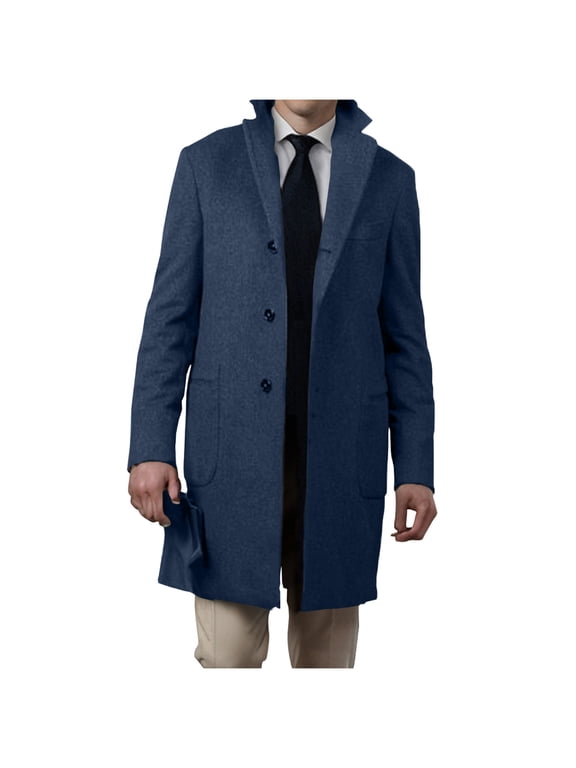 Mens Wool Blend Trench Coat Single Breasted Notch Lapel Walker Mid-Length Classic Pea Top Coat