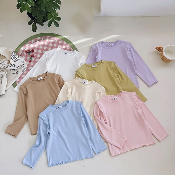 Miluxas Toddler Baby Girls Long Sleeve Ruffle T Shirt Kids Casual Plain Solid Top Blouse T-Shirt Undershirt