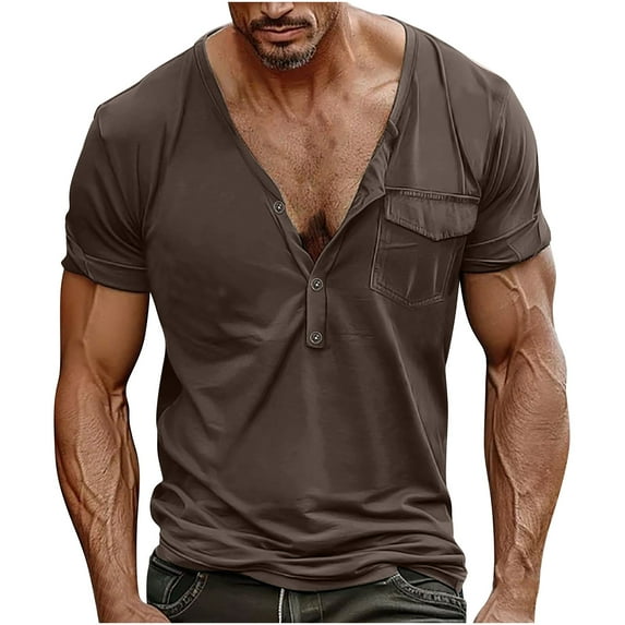 Miluxas V Neck Muscle Shirts for Men Short Sleeve Button Golf Tees Slim Fit Stretch T Shirt