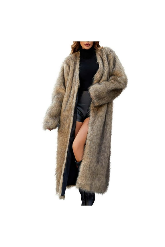 Winter Faux Fur Long Coat for Women Plus Size Warm Cotton Jackets Casual Open Front Long Sleeve Sherpa Outerwear