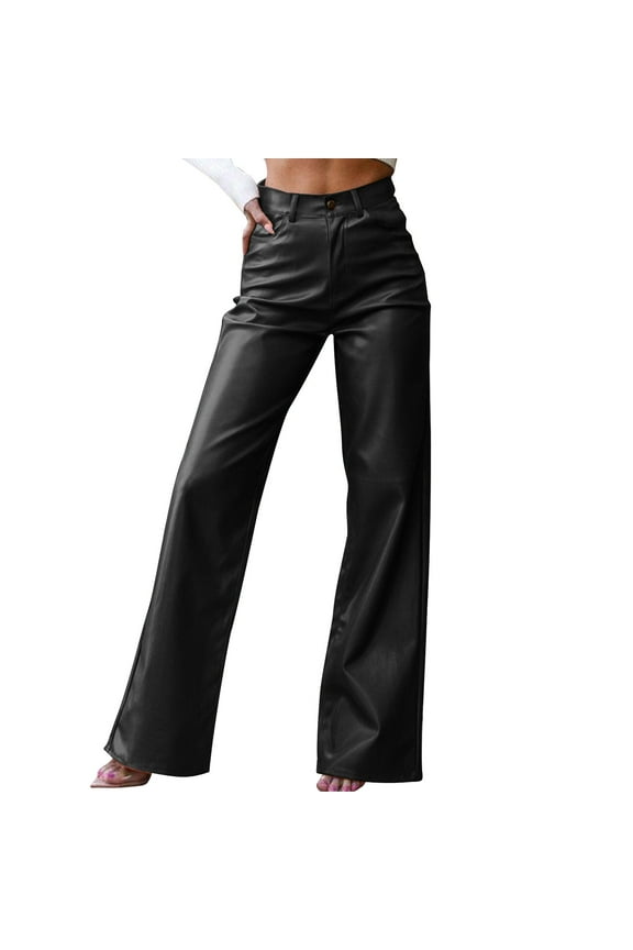 Women Faux Leather Pants PU High Waist Straight Leg Pants with Pockets Leather Leggings Bell Bottom Flare Pants
