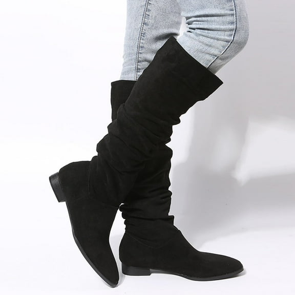 Miluxas Women Mid Calf Slouch Boots Suede Calf High Boots Flats Flat Heel Long Boots Wide Calf Winter Boots Round Toe Flat Boots Retro Work Casual Comfort Winter