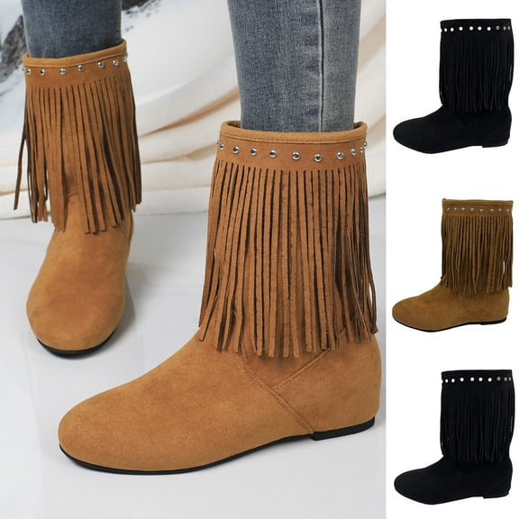 Miluxas Women Tassel Western Booties Chunky Block Heel Suede Cowboy Ankle Boots Fringe Pointed Closed Toe V-Cut Stacked Heel Slip On Short Boots