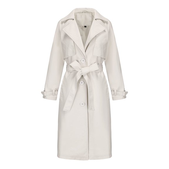 Miluxas Women Trench Coat Long Loose Jacket Faux PU Leather Oversize Classic Lapel Overcoat with Belt
