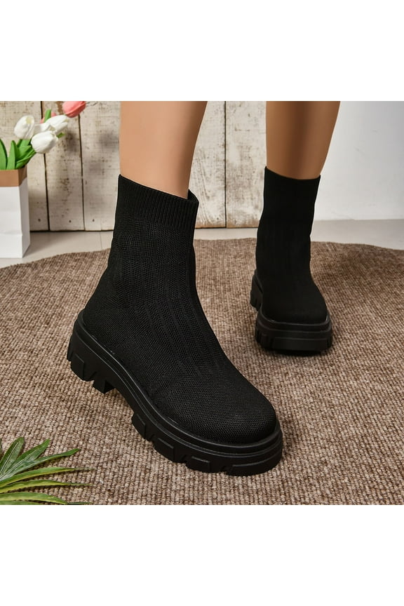 Women's Elastic Ankle Boots Slip on Lug Sole Chunky Heel Platform Ankle Booties for Women