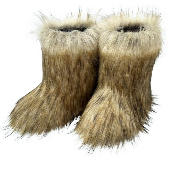 Miluxas Women's Faux fur Boot Furry Fluffy Short Snow Boot Mid-Calf Boots Warm Comfortable Outdoor Flat Shoes