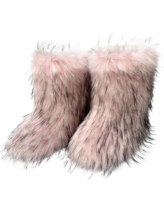 Women's Faux fur Boot Furry Fluffy Short Snow Boot Mid-Calf Boots Warm Comfortable Outdoor Flat Shoes