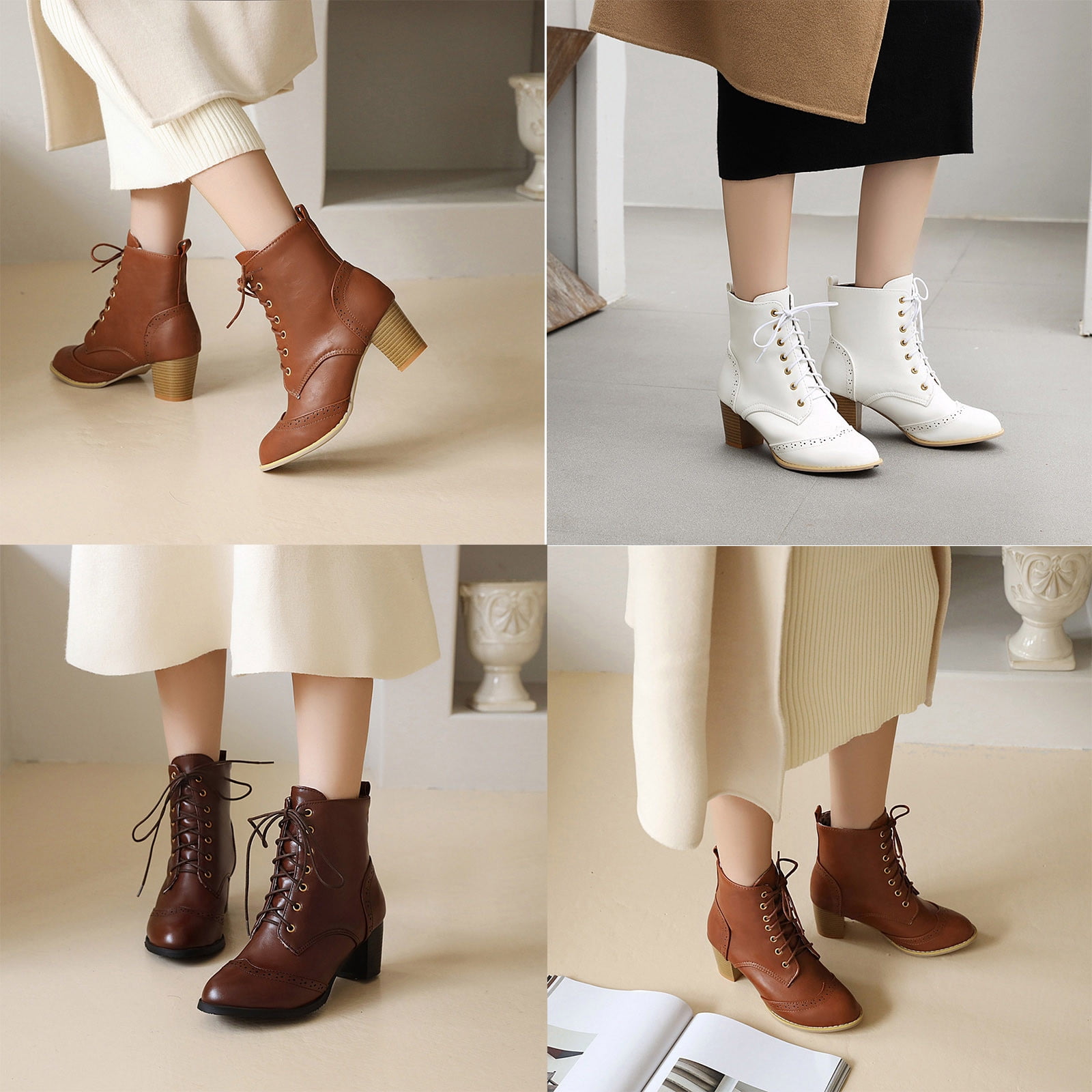 Miluxas Women's Lace Up Booties Chunky Heel Ankle Boots Short Boots ...