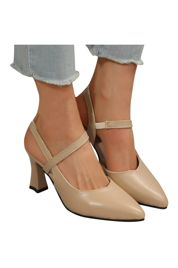 Women's Leather Closed Heels Round Toe Slingback Pumps Chunky Block Heels Casual Dress Shoes