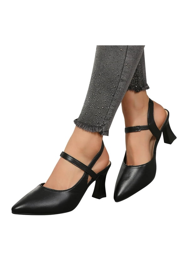 Women's Leather Closed Heels Round Toe Slingback Pumps Chunky Block Heels Casual Dress Shoes