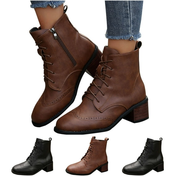 Miluxas Women's Leather Square Toe Lace Up Block Heel Combat Boots Ankle Boots