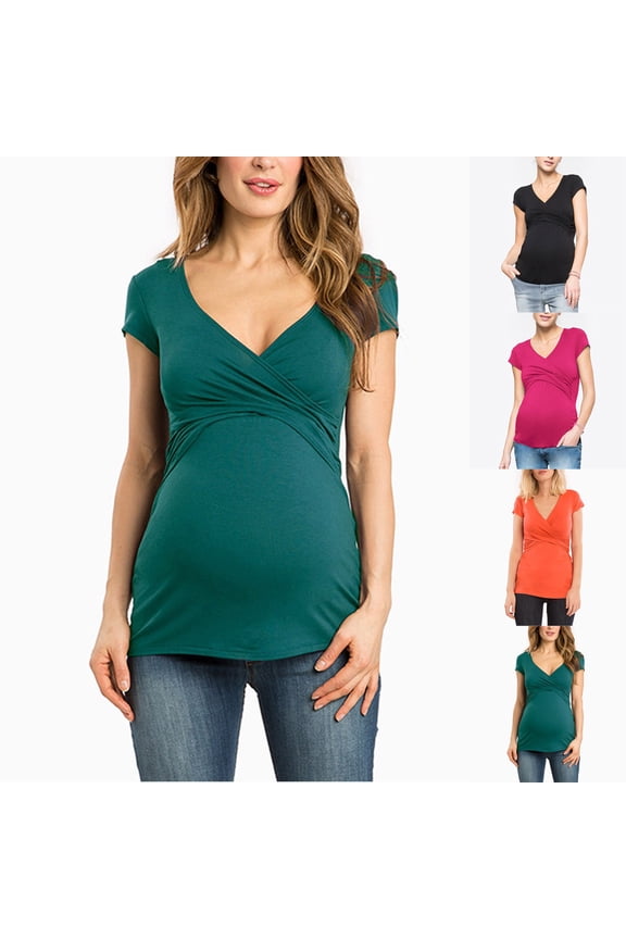 Women's Maternity Nursing Tops , Layered Wrap for Breastfeeding, V-Neck Short Sleeve Tee Shirts