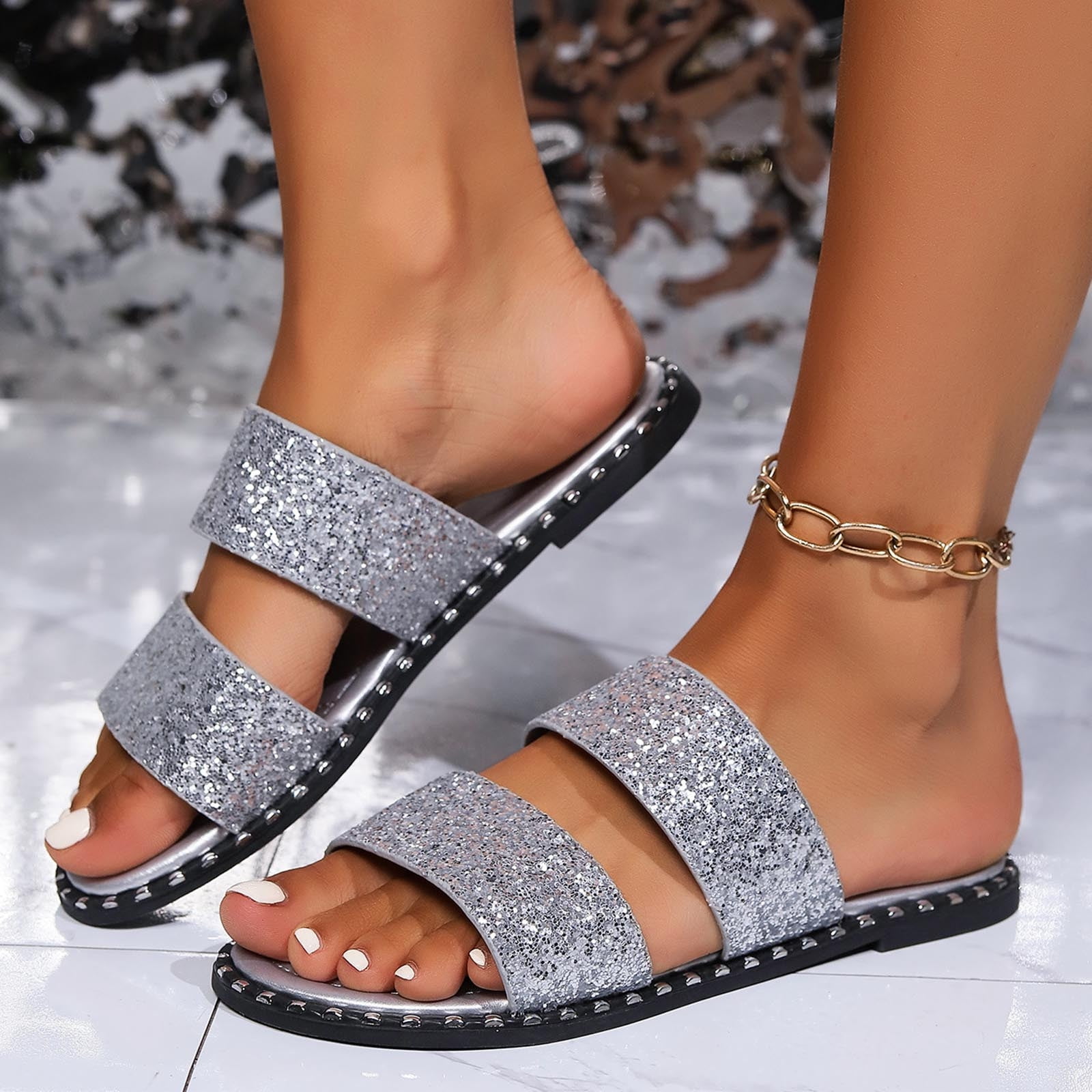 Fall Sandals Miluxas Women's Sequin Flat Sandals Metallic Strappy Fashion Fall ...