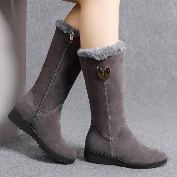 Miluxas Women's Winter Fashion Mid-Calf Snow Boots ,Warm Faux Fur-Lined Non-slip Side Zip Suede Leather Tall Boots