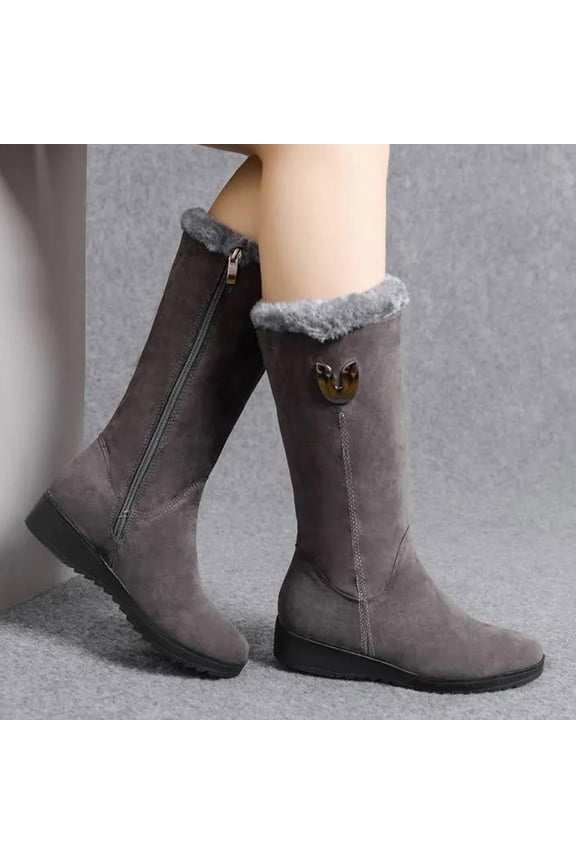 Women's Winter Fashion Mid-Calf Snow Boots ,Warm Faux Fur-Lined Non-slip Side Zip Suede Leather Tall Boots