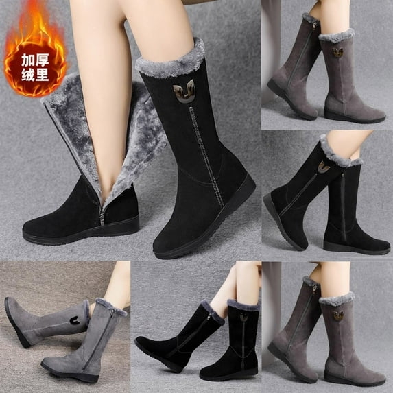 Miluxas 2025 Clearance! Women's Winter Fashion Mid-Calf Snow Boots Clearance,Warm Faux Fur-Lined Non-slip Side Zip Suede Leather Tall Boots