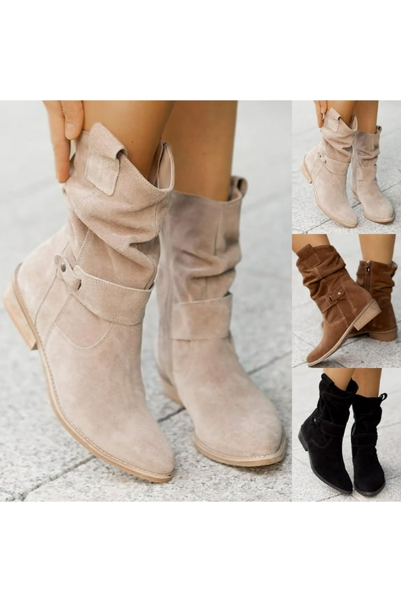 Womens Ankle Booties Fashion Slouch Mid-Calf Flat Boots