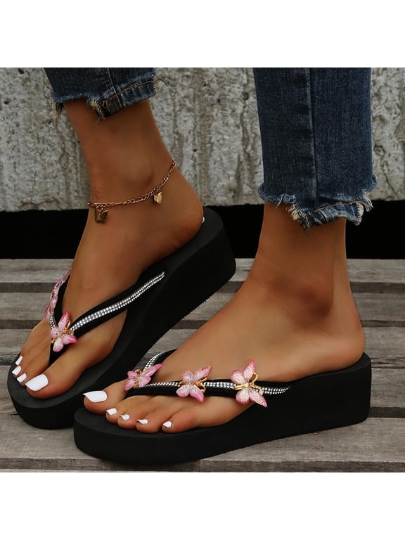 Womens Platform Rhinestone Flip Flops Wedges Sandals for Women wedge flip flops Dressy Summer Comfort Chunky Thong Sandals Wedge Heels for Women
