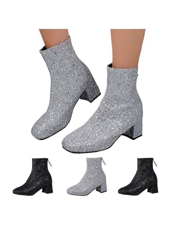 Womens Sparkly Ankle Boots Chunky Heel Glitter Booties Closed Toe Block Heel Dress Winter Shoes