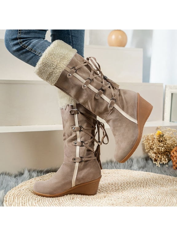 Womens Winter Snow Boots Wedge The Knee Thigh Faux Lined Warm Boots Comfortable Fringe Back Lace-Up High Boots
