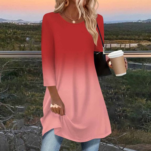 Miluxas 3/4 Length Sleeve Womens Tops Crew Neck Loose Fit Shirts Cute Clothes Dressy Printed Casual Fall Tunics Tops Red XL(XL)