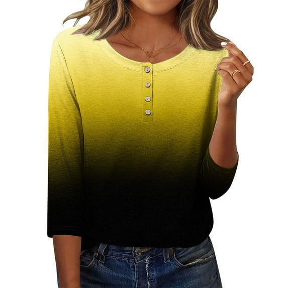 Miluxas 3/4 Length Sleeve Womens Tops Round Neck Loose Cute Fall Summer Tee Shirts Dressy Casual Print Blouses Tunic Yellow S(S)
